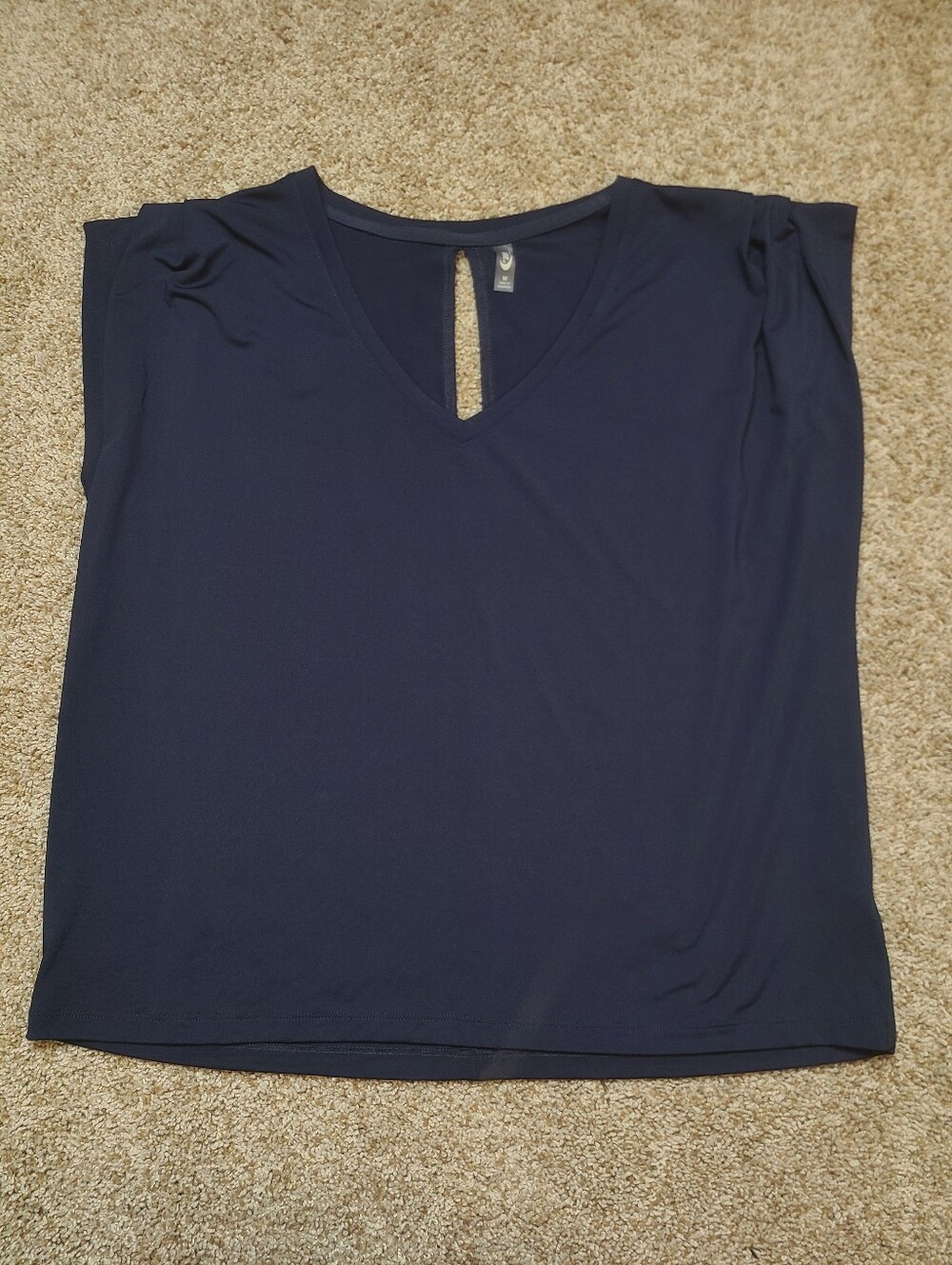MTA Sport Blouse Pleated Shoulders Open Keyhole In Back Navy Blue